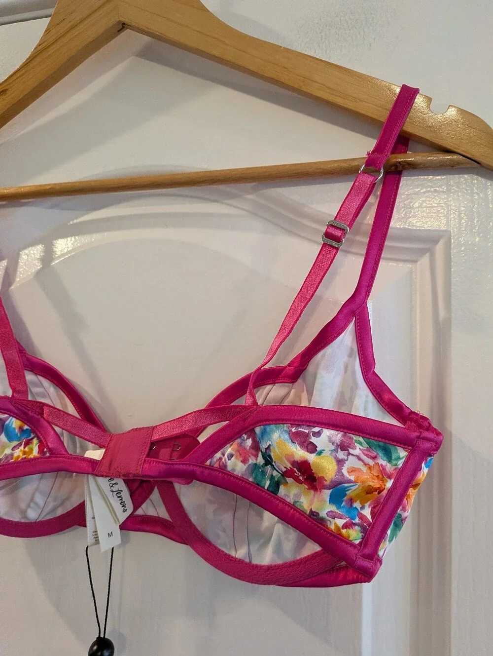 For Love & Lemons Watercolor Floral Bra Pink Satin Feminine Romantic Size M NWT